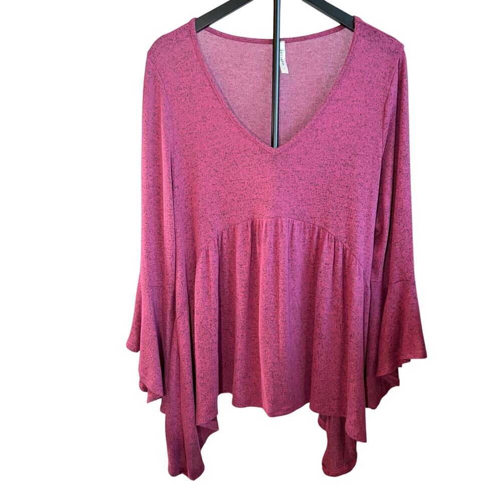 Emerald pink long sleeve V neck babydoll top, flare sleeves. Size L. Y2K retro